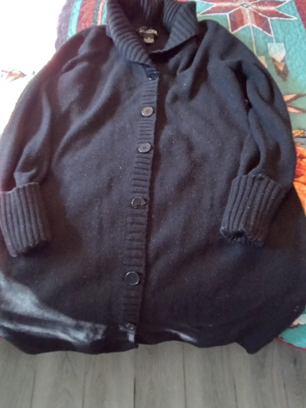 #669 Magaschoni Black Ribbed Shawl Collar Button Cardigan